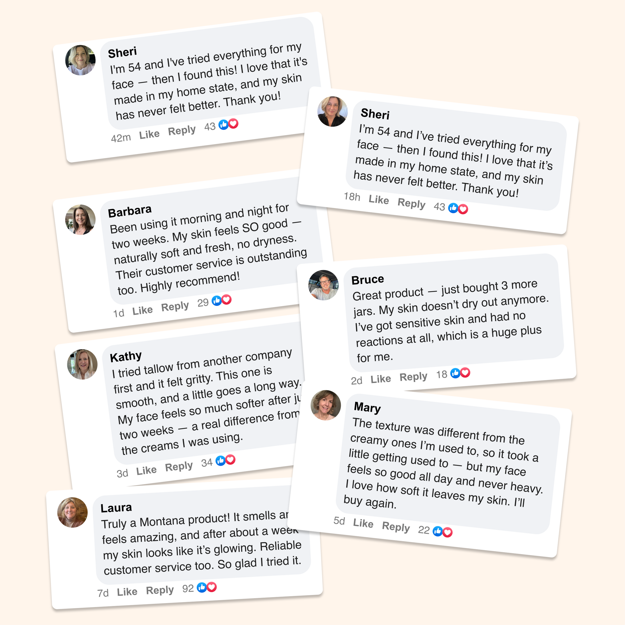 Comment collage: skincare testimonials from Sheri, Barbara, Bruce, Kathy, Mary, and Laura praising Montana Tallow Face Balm — soft, smooth, no dryness