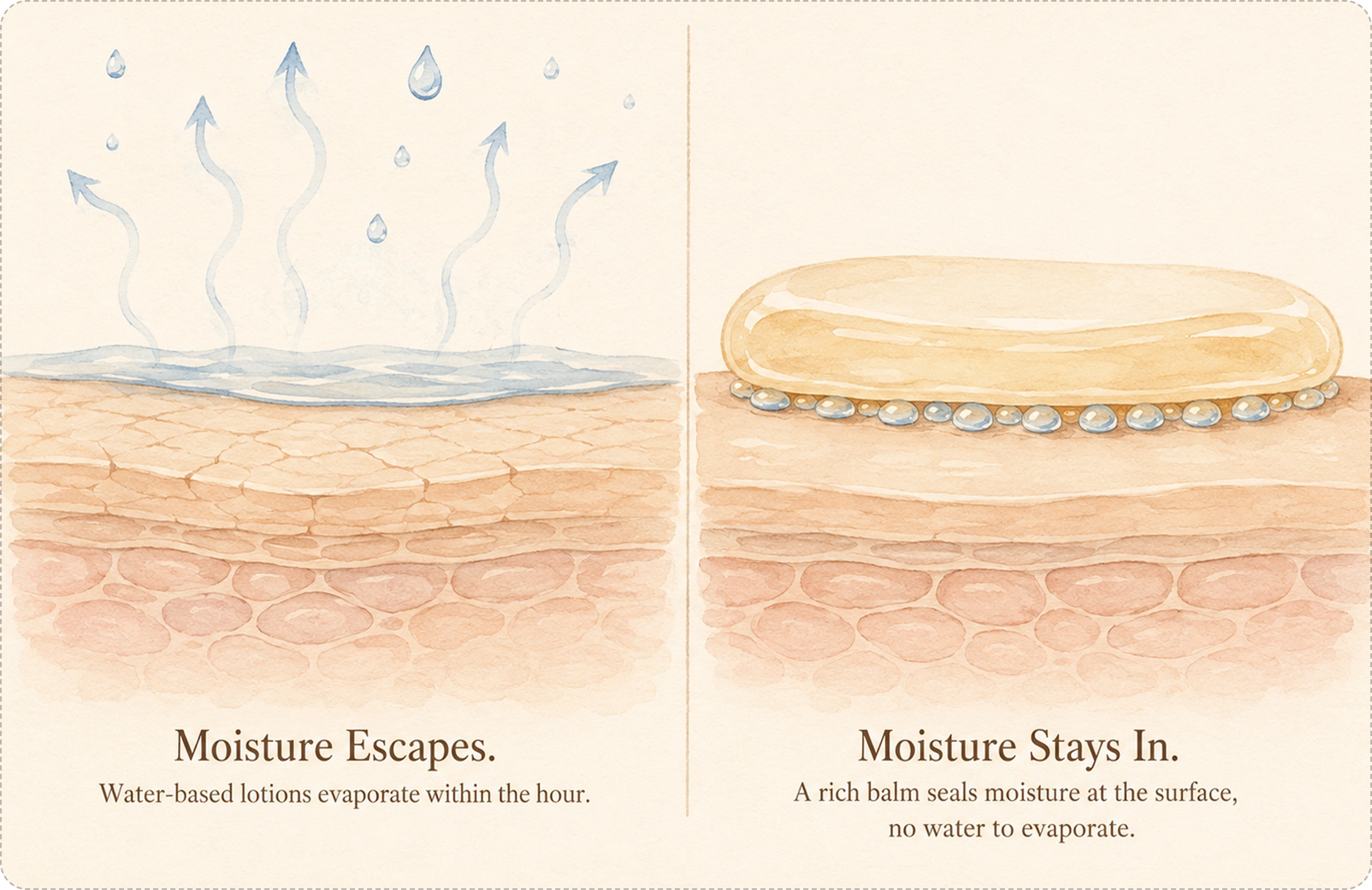 Diagram: Moisture Escapes vs Moisture Stays In — water-based lotions evaporate within the hour, a rich balm seals moisture at the surface