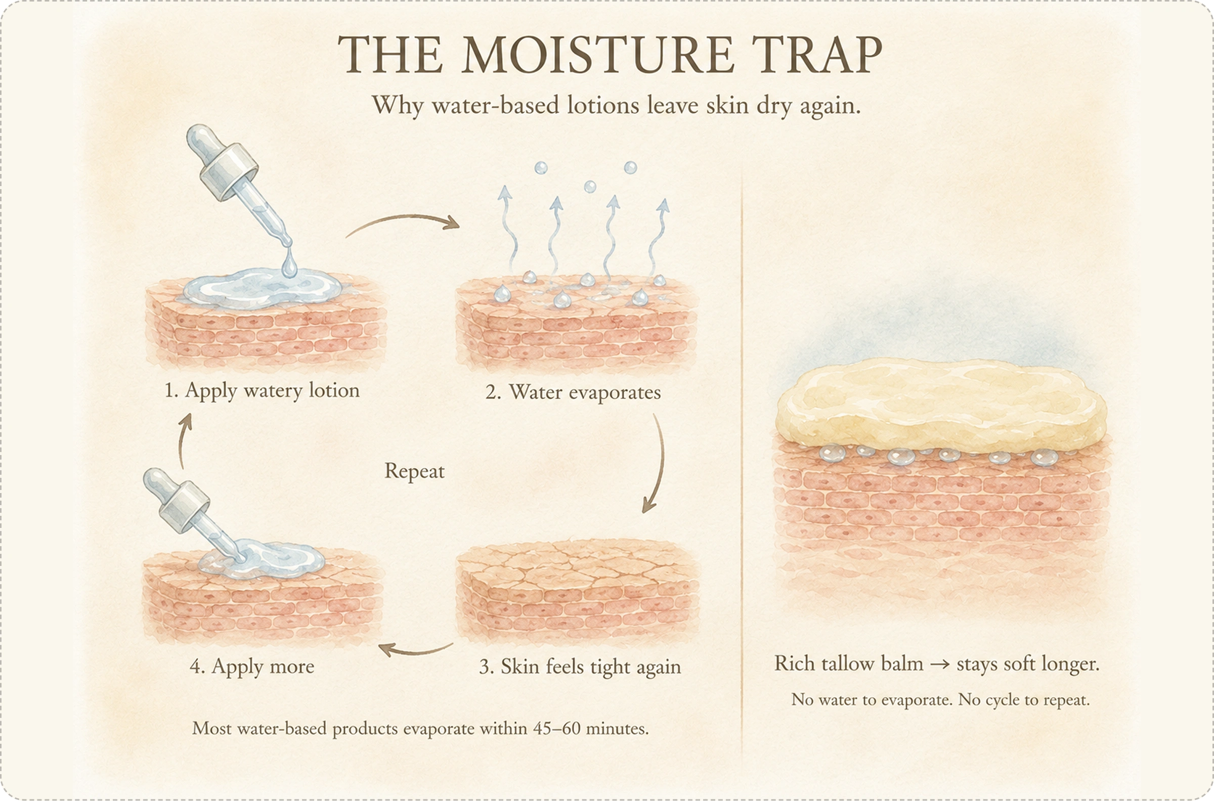 Diagram: The Moisture Trap — why water-based lotions leave skin dry again, apply / evaporates / tight again / repeat, vs rich tallow balm stays soft longer
