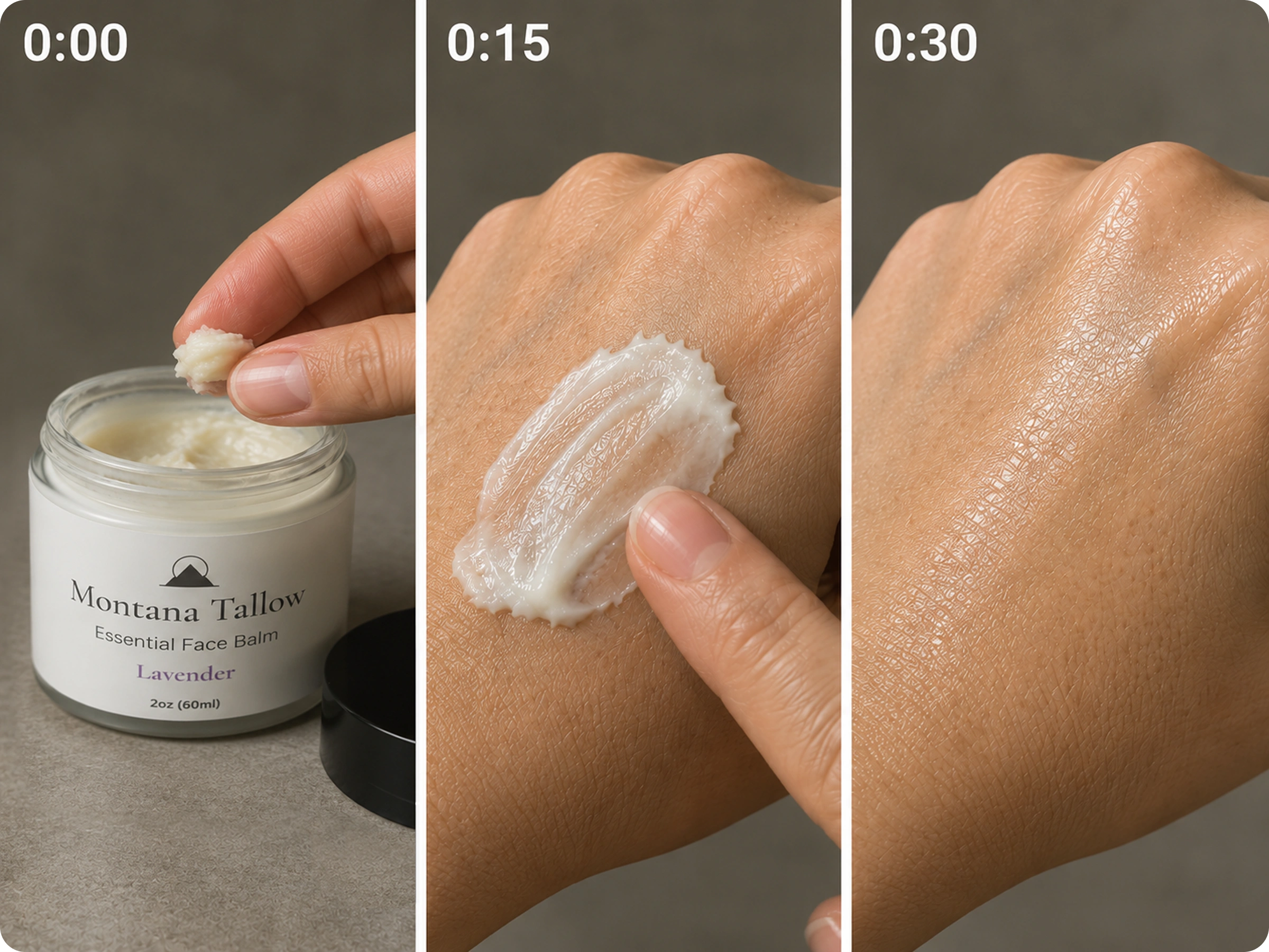 Applying the balm at 0:00, 0:15 and 0:30