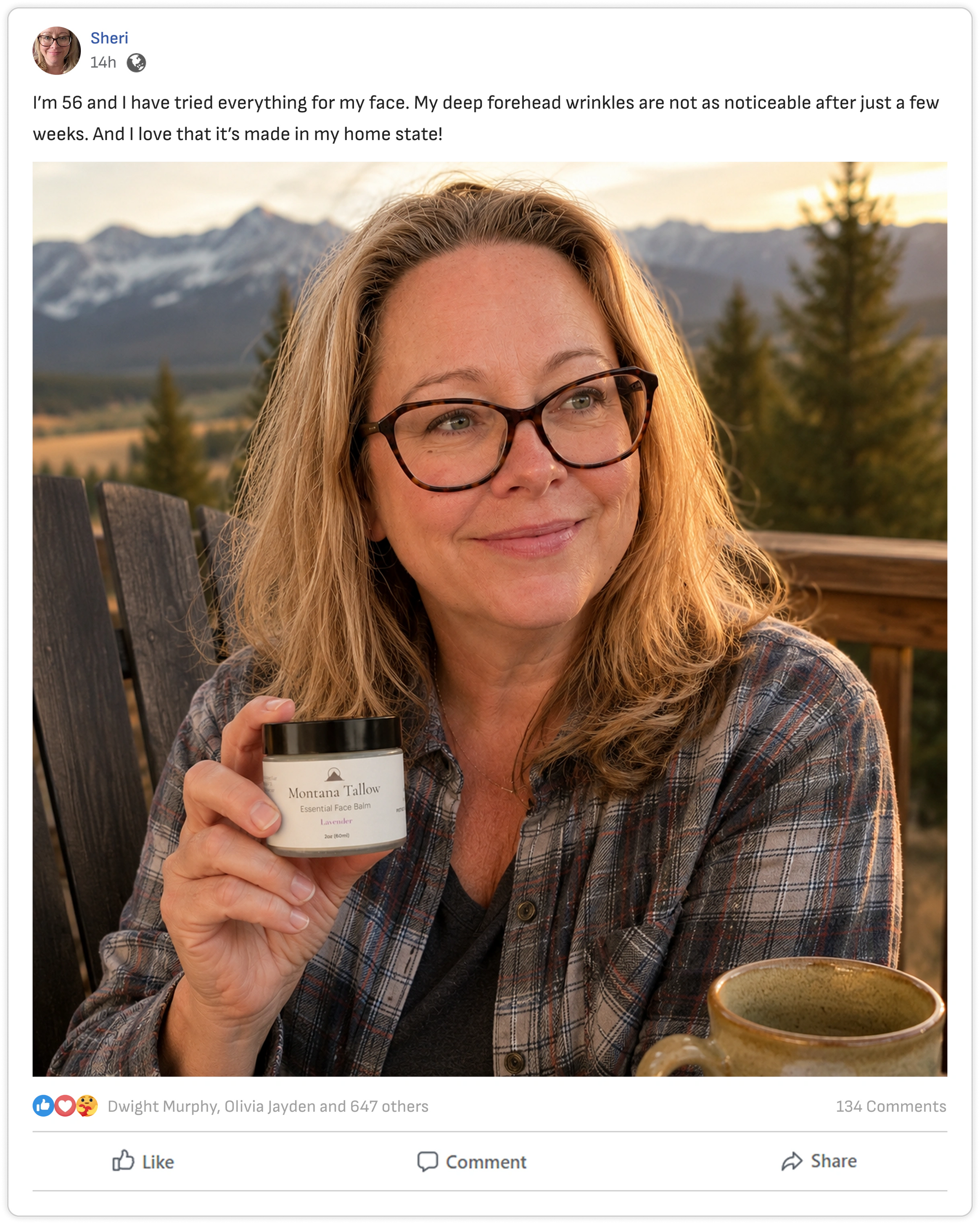 Facebook post from Sheri, 14h: I'm 56 and I have tried everything for my face. My deep forehead wrinkles are not as noticeable after just a few weeks. And I love that it's made in my home state!