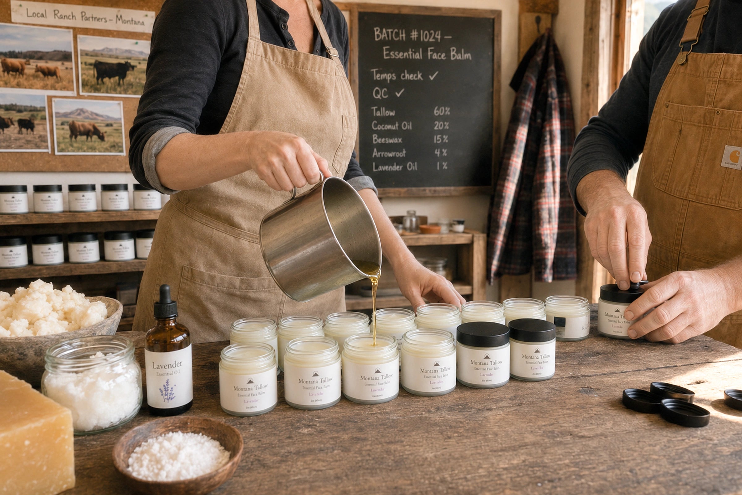 Hand-pouring a small batch of Montana Tallow Essential Face Balm in the Whitefish, Montana workshop